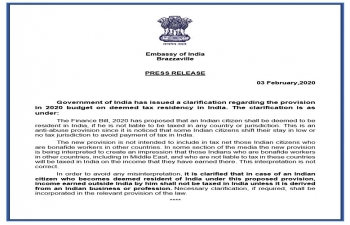 Government of India has issued a clarification regarding the provision in 2020 budget on deemed tax residency in India.